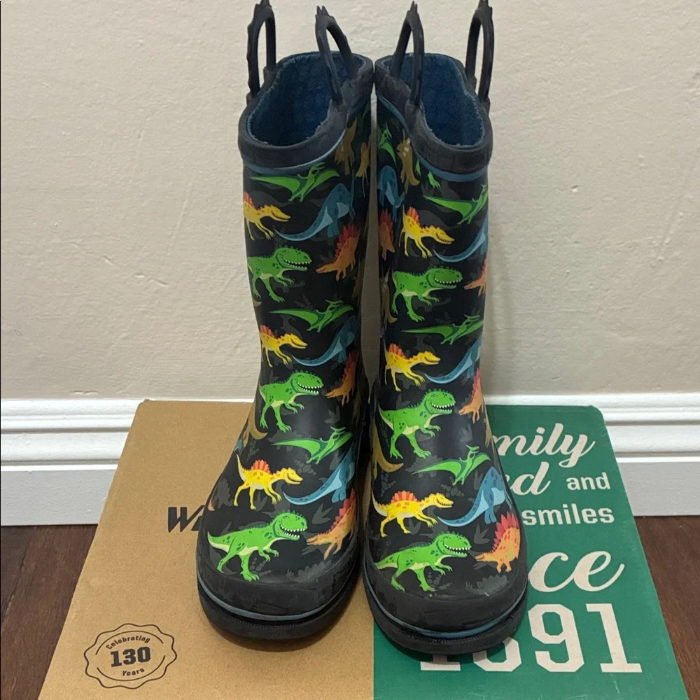 WESTERN CHIEF Kids DINO WORLD Rain Boots PULL ON Colorful Dinosaur Print SZ 2